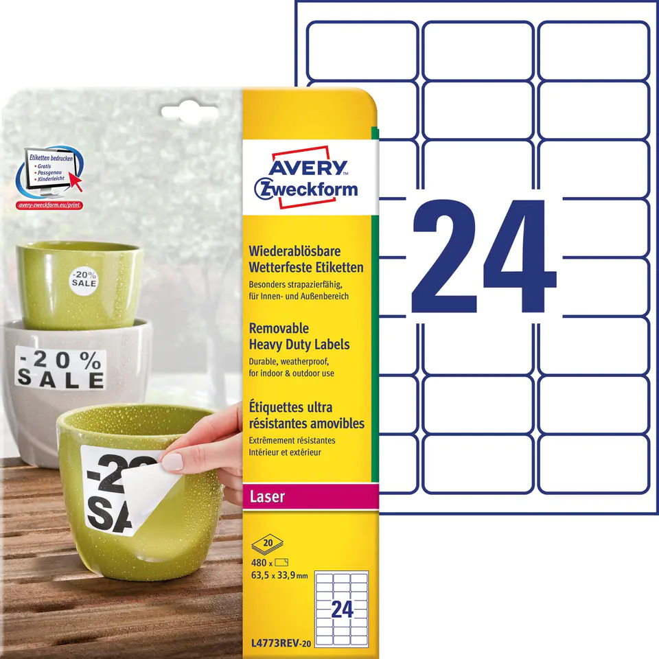 ⁨Labels Heavy Duty A4 63.5x33.9 white polyester L4773REV-20 ZF AVERY ZWECKFORM⁩ at Wasserman.eu
