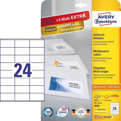 ⁨White A4 labels (30 sheets) 70x36mm 3490 AVERY ZWECKFORM⁩ at Wasserman.eu