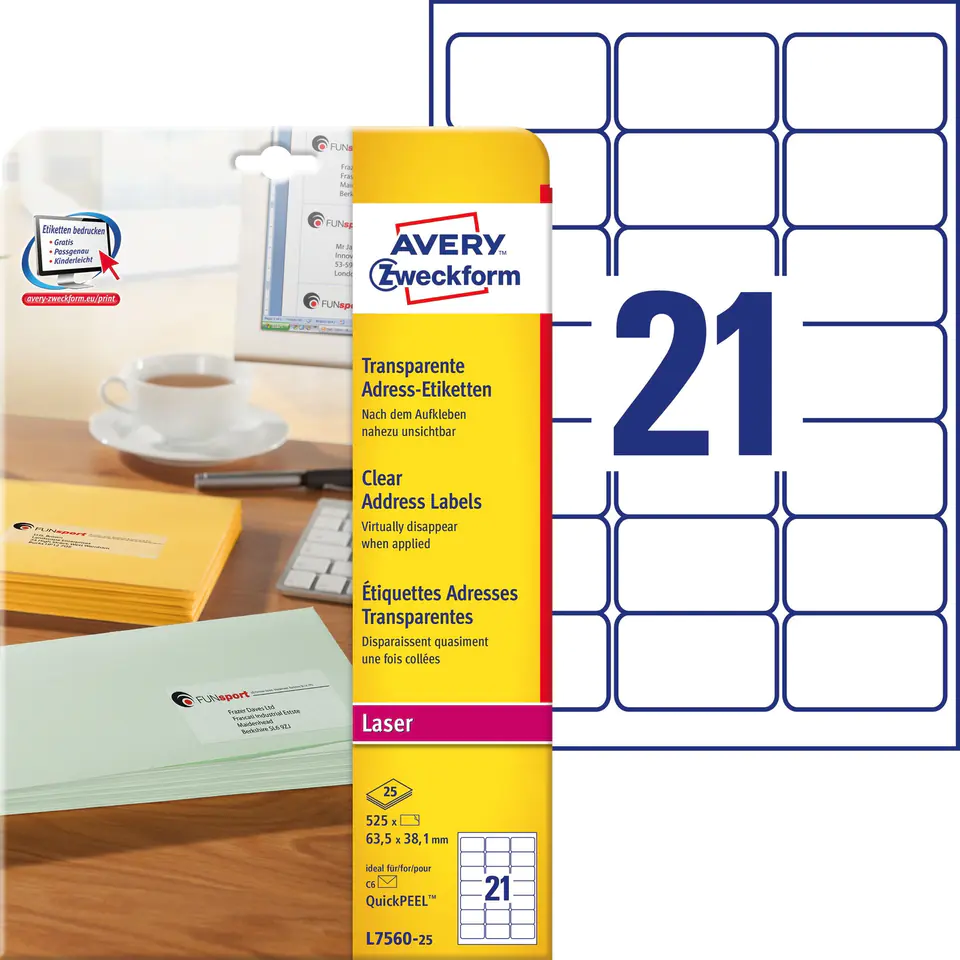 ⁨Etykiety A4 przezroczyste (25 arkuszy) 63.5x38mm L7560-25 AVERY ZWECKFORM⁩ w sklepie Wasserman.eu
