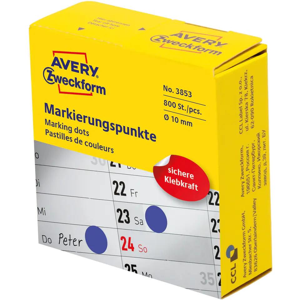 ⁨Wheels in the dispenser durable 800pcs. 10mm Sky 3853 AVERY ZWECKFORM⁩ at Wasserman.eu