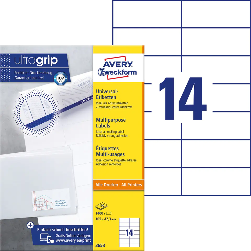 ⁨A4 labels white(100 sheets)105x42.3mm 3653 AVERY ZWECKFORM⁩ at Wasserman.eu