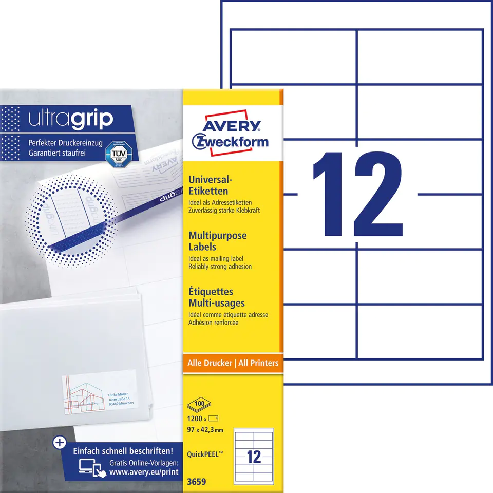 ⁨White A4 labels (100 sheets)97x42.3mm 3659 AVERY ZWECKFORM⁩ at Wasserman.eu