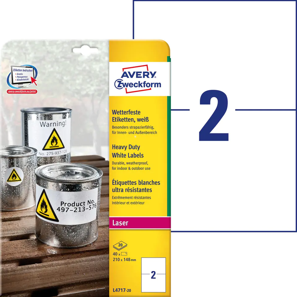 ⁨Foil A4 label (20 sheets)210x148mm durable 75g L4717-20 AVERY ZWECKFORM⁩ at Wasserman.eu