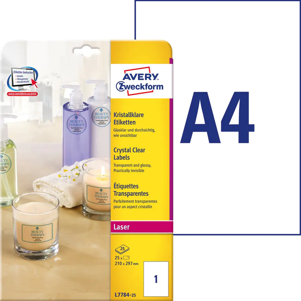 ⁨Etykiety przezroczyste 210x297mm(25 ark) L7784-25 do drukarek laser color AVERY ZWECKFORM⁩ w sklepie Wasserman.eu