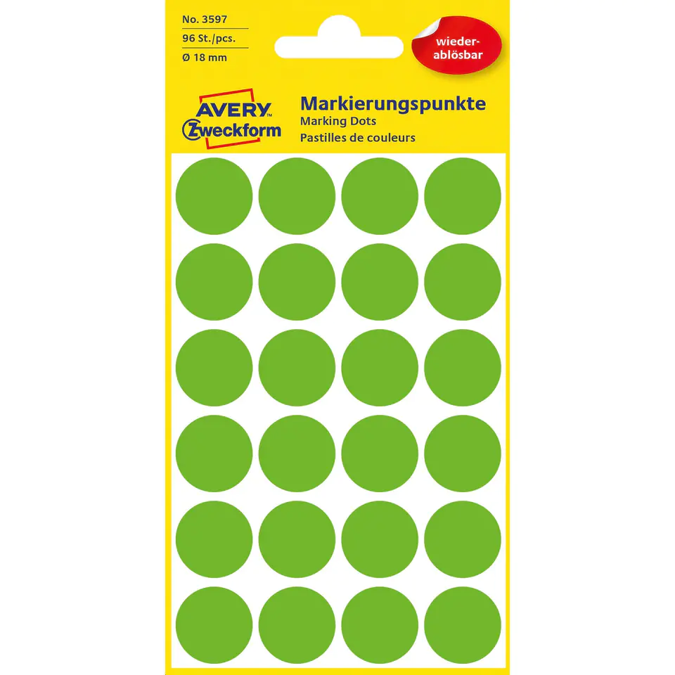 ⁨Removable wheels 18mm 96pcs/pack green 3597 AVERY ZWECKFORM⁩ at Wasserman.eu
