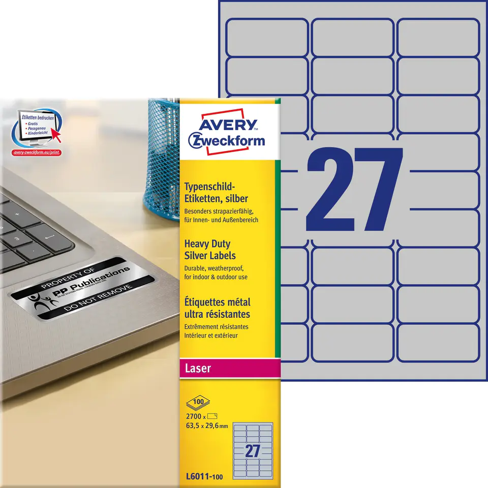 ⁨Labels ZF A4 63,5x29,6mm L6011-100 nominal silver AVERY ZWECKFORM⁩ at Wasserman.eu