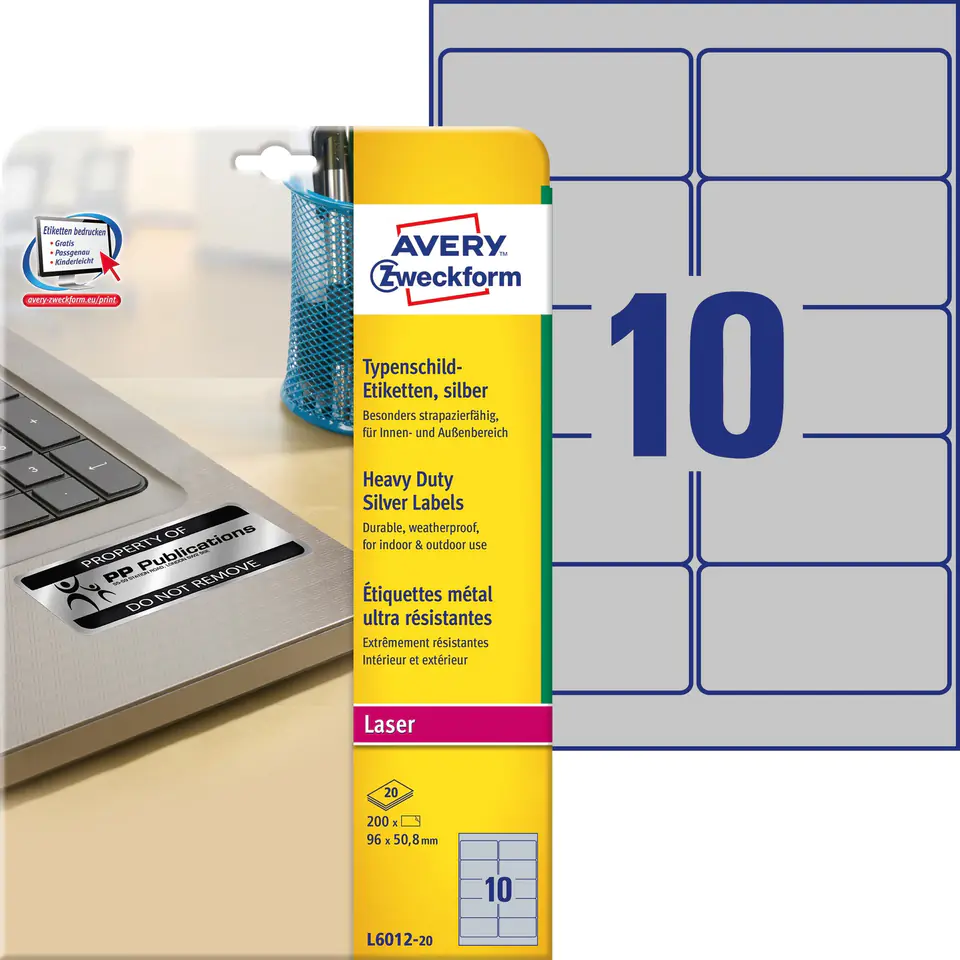 ⁨ZF Heavy Duty Labels 96x50.8mm (20pcs) silver polyester L6012-20 AVERY ZWECKFORM⁩ at Wasserman.eu