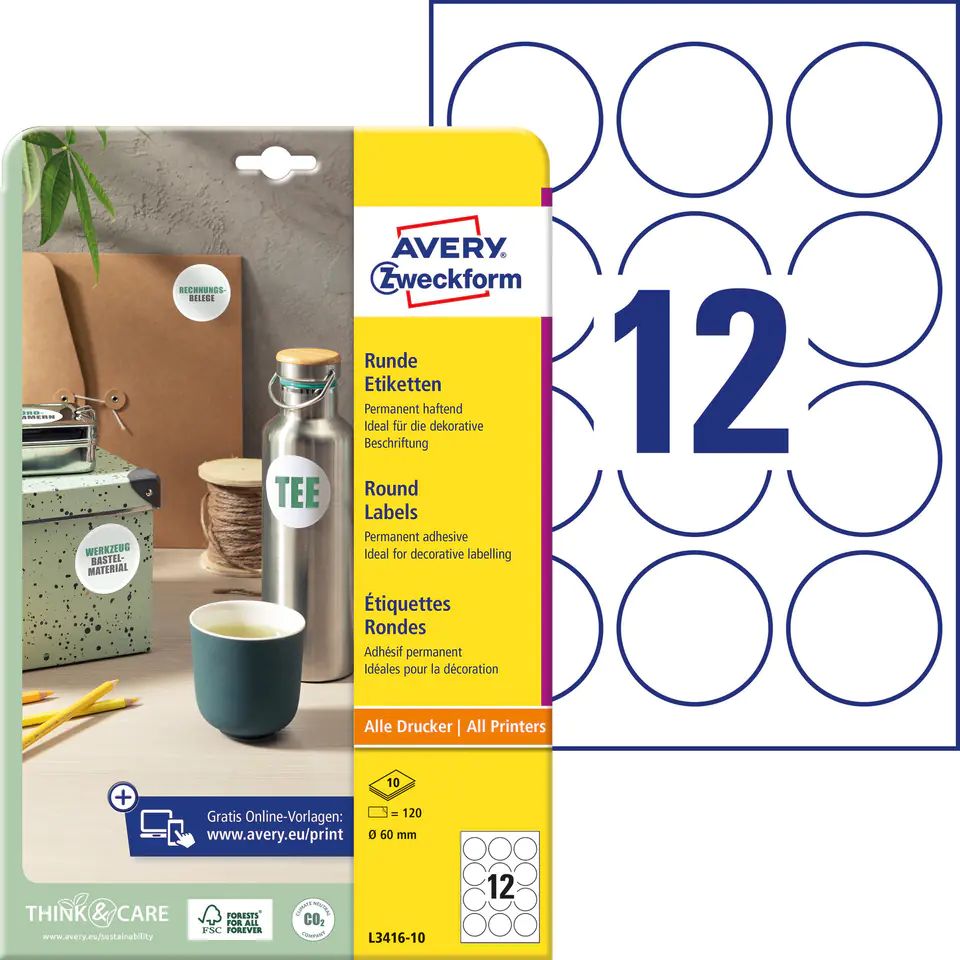 ⁨Round labels A4 10 ark. 60 mm white durable L3416-10 AVERY ZWECKFORM⁩ at Wasserman.eu