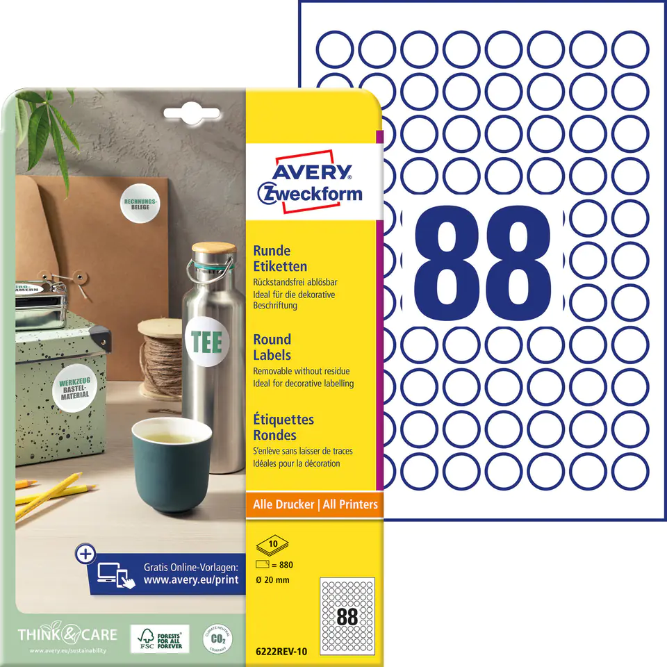 ⁨Round labels A4 10 ark. 20mm white removable 6222REV-10 AVERY ZWECKFORM⁩ at Wasserman.eu