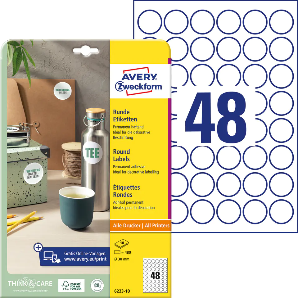 ⁨Round labels A4 10 ark. 30 mm white durable 6223-10 AVERY ZWECKFORM⁩ at Wasserman.eu