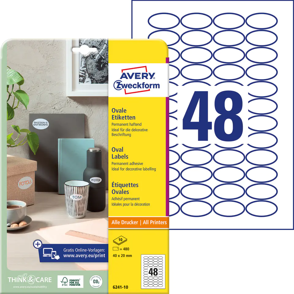 ⁨Oval labels A4 10 sheets 40 x 20 mm white durable 6241-10 AVERY ZWECKFORM⁩ at Wasserman.eu
