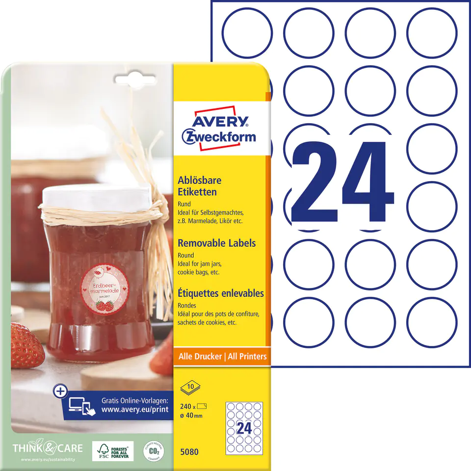 ⁨Removable labels for processed products A4 10 sheets. 40mm round white 5080 AVERY ZWECKFORM⁩ at Wasserman.eu