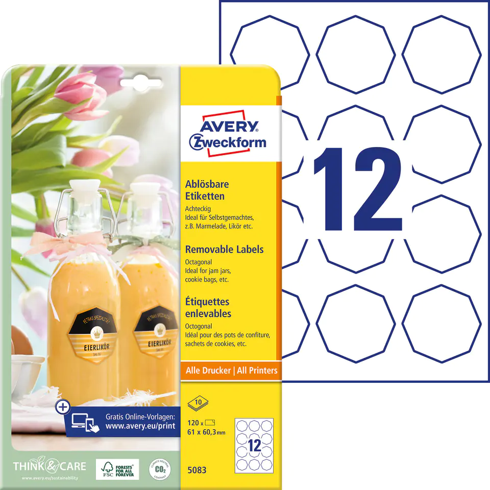 ⁨Removable labels for processed products A4 10 sheets. 61 x 60.3 mm Octagonal White 5083 AVERY ZWECKFORM⁩ at Wasserman.eu