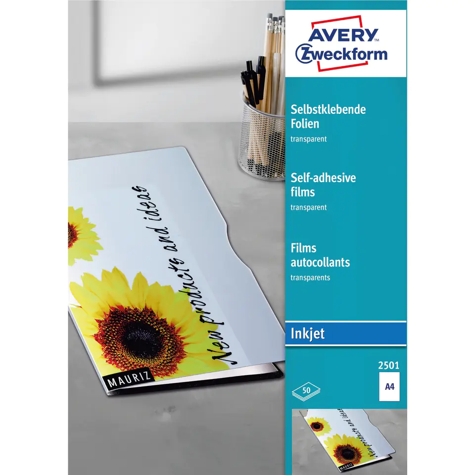 ⁨Self-adhesive films A4 0.17mm transparent INK 50 sheets. ZF2501 AVERY ZWECKFORM⁩ at Wasserman.eu