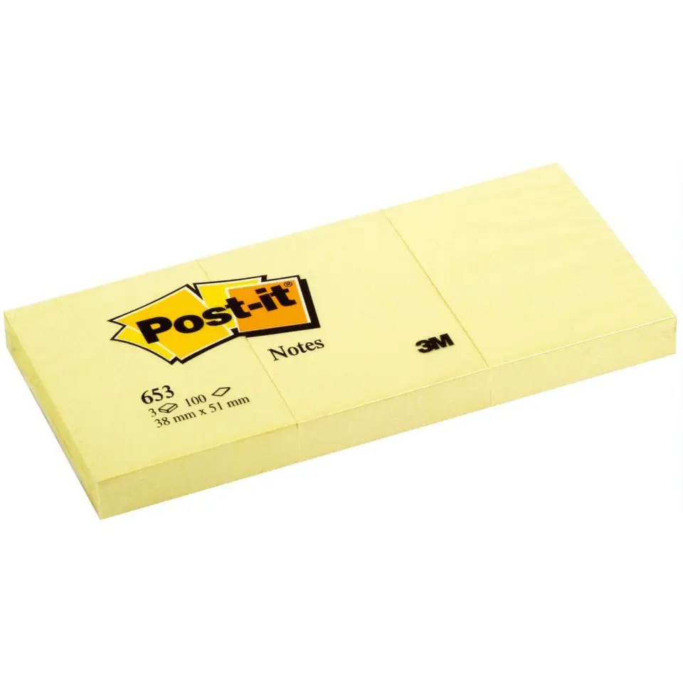 ⁨Bloczek samoprzylepny 38x51mm 100k żółty (3szt) kartonik POST-IT 653 3M-4064035092⁩ w sklepie Wasserman.eu