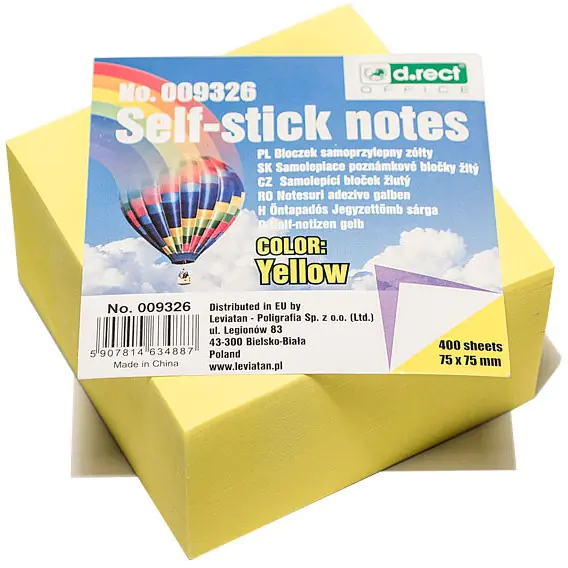⁨Bloczek samoprzylepny 75x75mm 400k żółty D.RECT 009326 LEVIATAN⁩ w sklepie Wasserman.eu