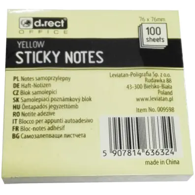 ⁨Self-adhesive block D.RECT 76x76mm 100 sheets yellow (009598)⁩ at Wasserman.eu