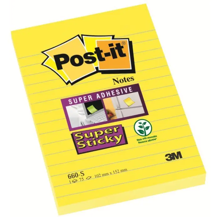 ⁨Blocks 3M POST-IT 660-S 102x152mm yellow 75k line Super Sticky 510093832⁩ at Wasserman.eu