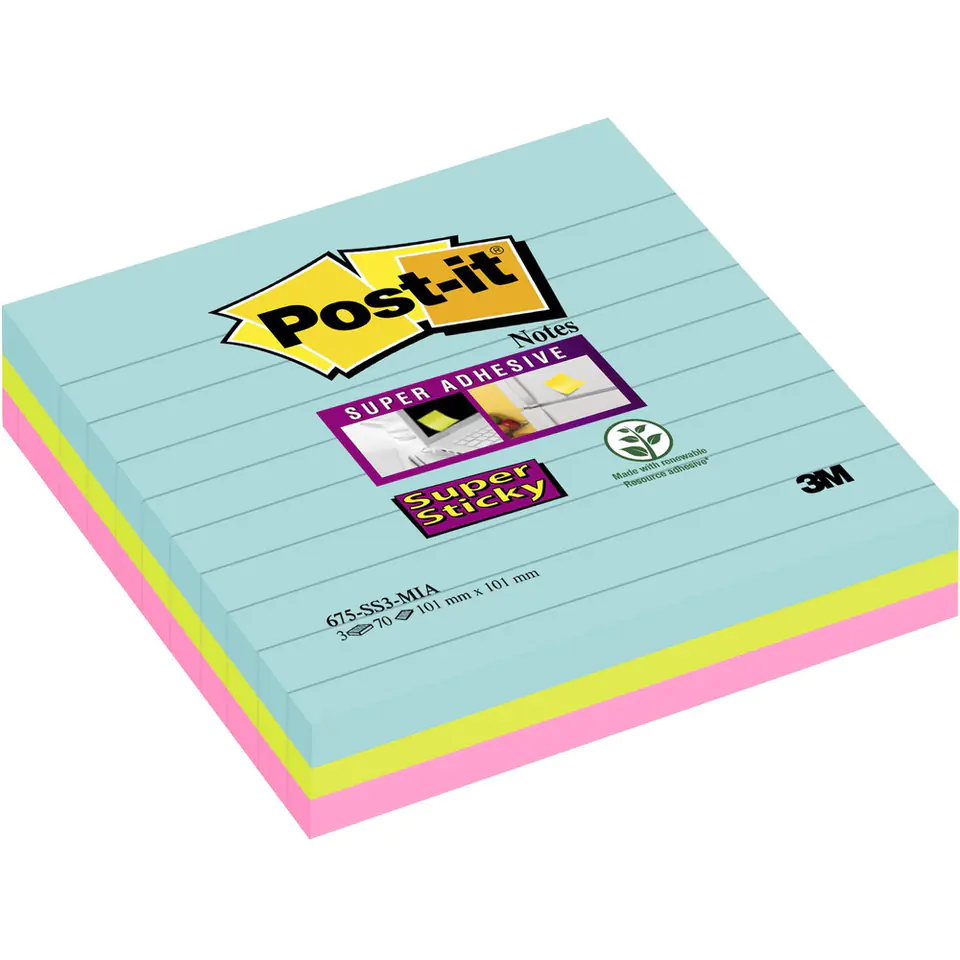 ⁨Bloczek samoprzylepny 101x101mm 70k linia mix kolorów (3szt) POST-IT XL MIAMI 675-SS3-MIA 3M⁩ w sklepie Wasserman.eu