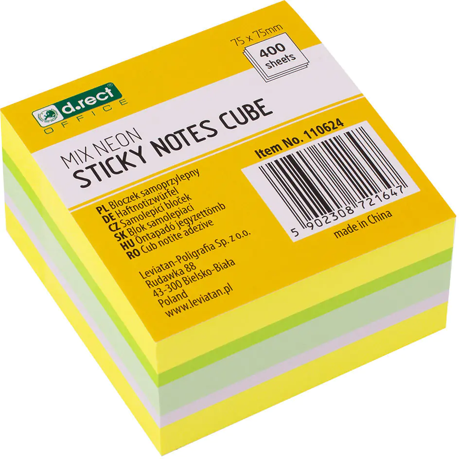 ⁨Bloczek samoprzylepny 75x75mm 400k mix kolorów neon cytrus D.RECT (110624)⁩ w sklepie Wasserman.eu