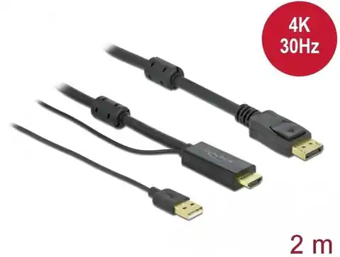 ⁨Kabel  HDMI(M) -> DISPLAYPORT(M) 4K 2M ZASILANY USB A(M) czarny⁩ w sklepie Wasserman.eu
