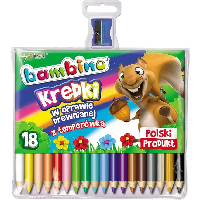 ⁨Triangular crayons in wood BAMBINO 18 colors of ball clay + sharpener opak.kart.St.Majewski⁩ at Wasserman.eu