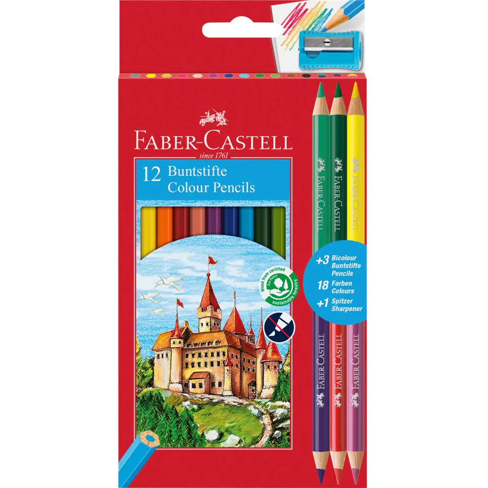 ⁨Crayons LOCK 12kol +3double-sided pencils + sharpener 110312 FC FABER CASTEL⁩ at Wasserman.eu