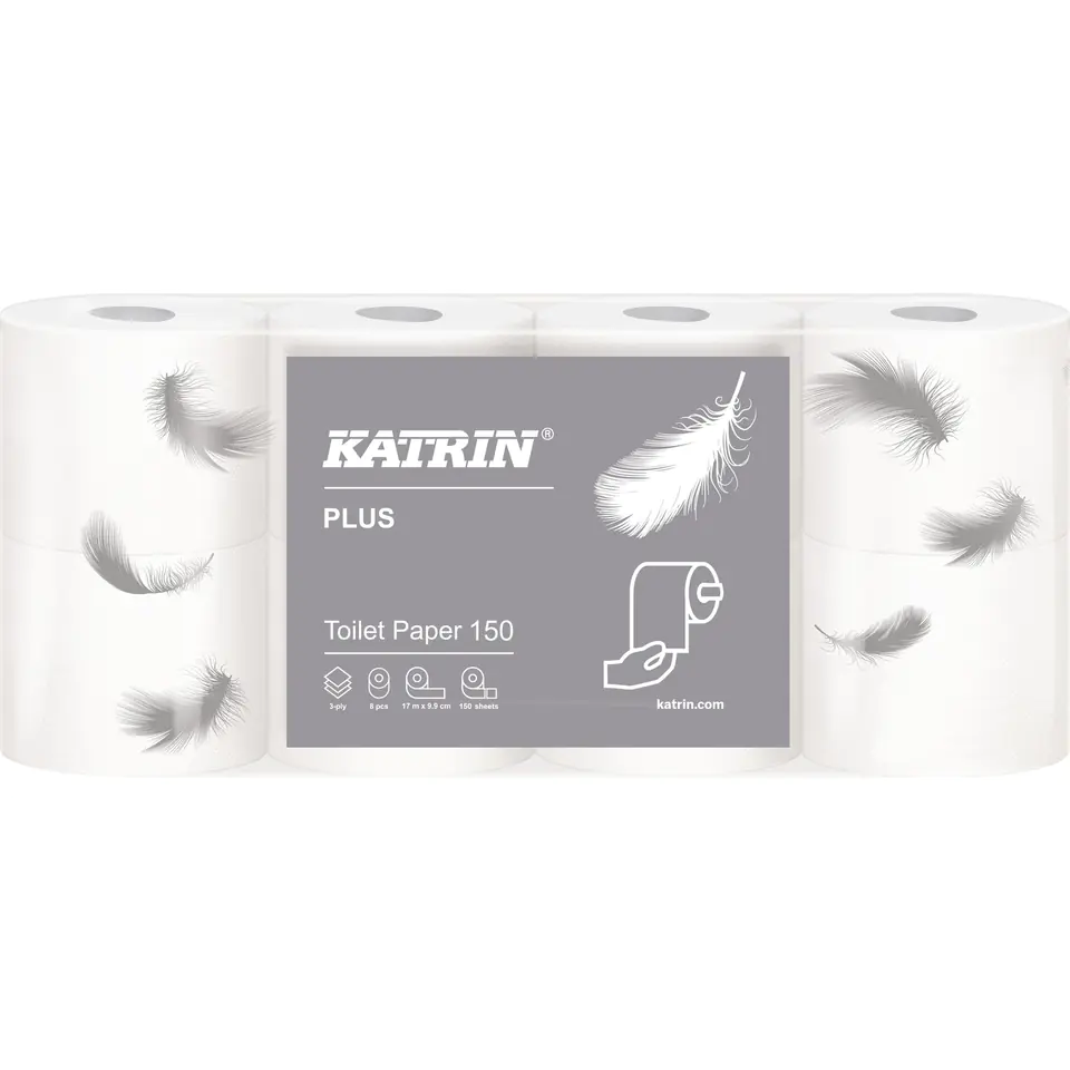 ⁨Papier toaletowy Katrin Plus (8 rolek) 3 warstwy 100% celuloza 150 listków 16525/557305⁩ w sklepie Wasserman.eu