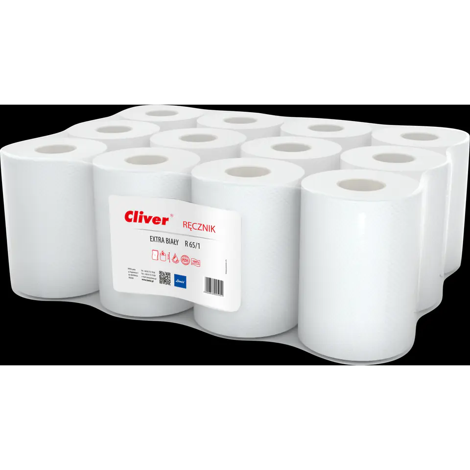 ⁨Towel white CLIVER 65m 1layer (12pcs) waste paper⁩ at Wasserman.eu