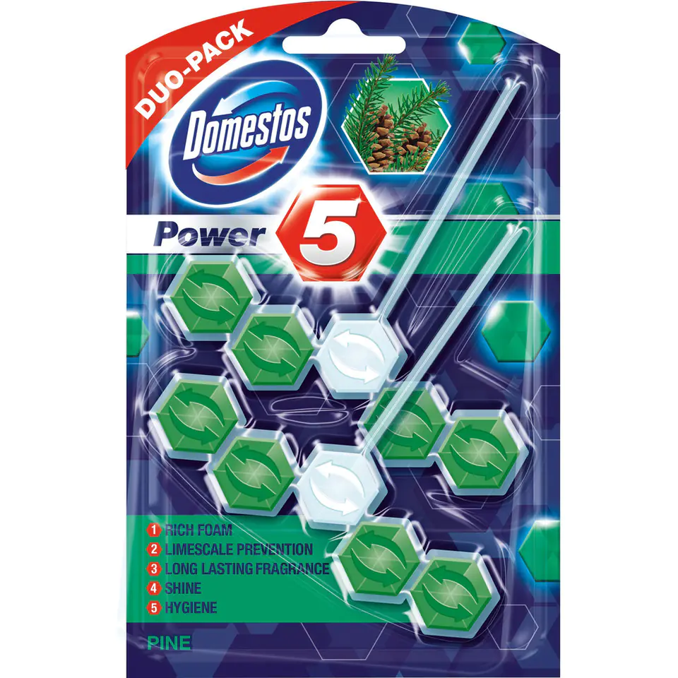⁨Zawieszka do toalety DOMESTOS POWER5 DUO 2x50g PINE⁩ w sklepie Wasserman.eu
