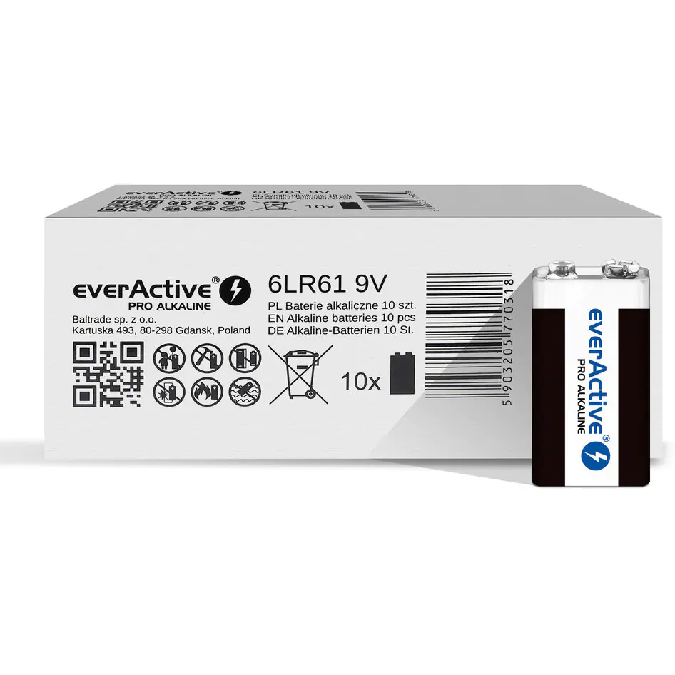 ⁨Zestaw baterii alkaliczne everActive 6LR61PRO-10PAK (x 10)⁩ w sklepie Wasserman.eu