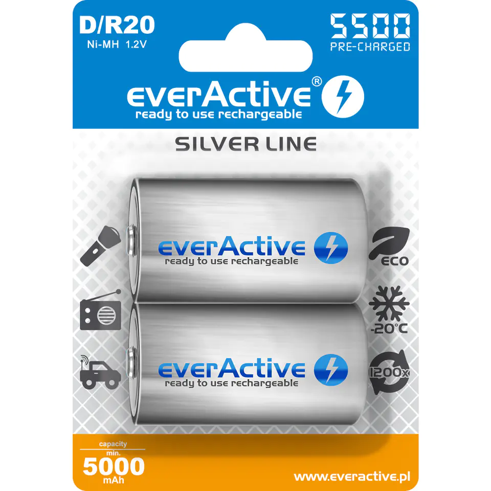 ⁨Akumulatorek Ni-MH EVERACTIVE Silver Line D/HR20 5000mAh blister (2szt)⁩ w sklepie Wasserman.eu