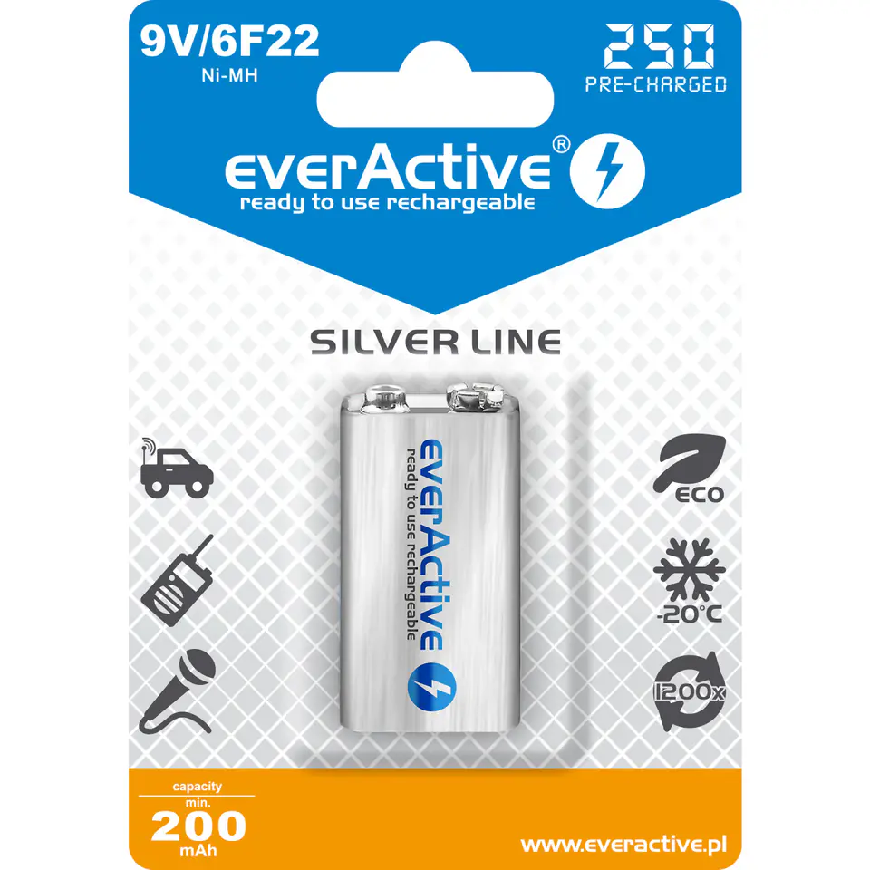 ⁨Rechargeable batteries everActive Ni-MH 6F22 9V 250 mAh Silver Line⁩ at Wasserman.eu