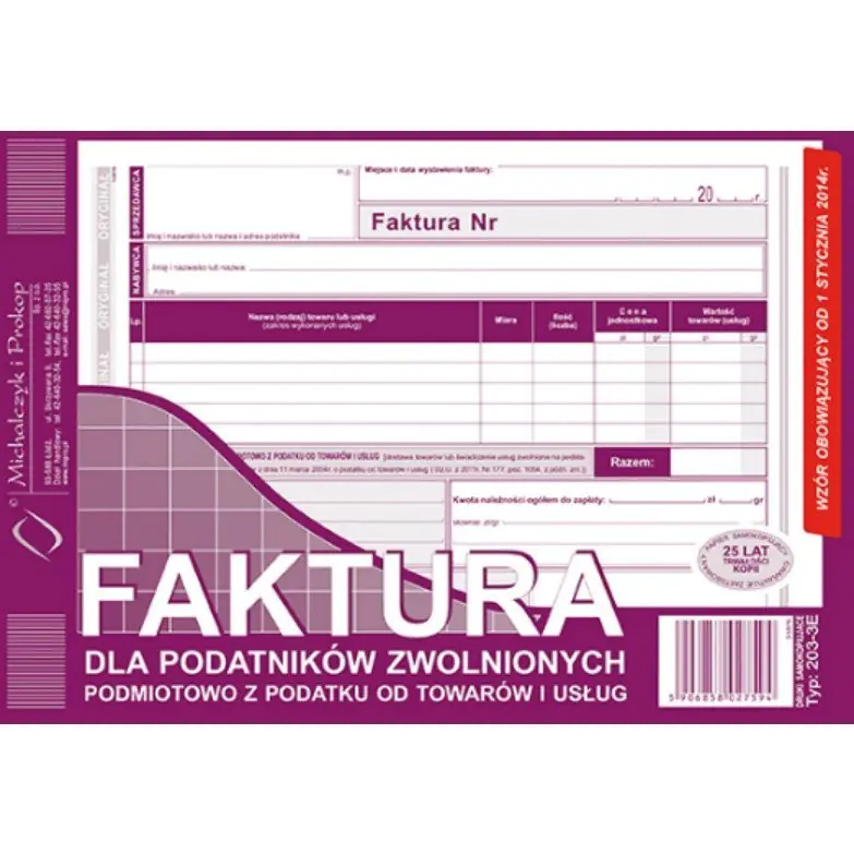 ⁨203-3E Faktura dla podatników zwolnionych z VAT A5 (o+1k) MICHALCZYK⁩ w sklepie Wasserman.eu