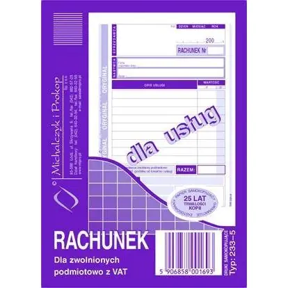⁨233-5 Rachunek A6 dla zwolnionych podmiotowo z VAT(usługa) Michalczyk i Prokop⁩ w sklepie Wasserman.eu