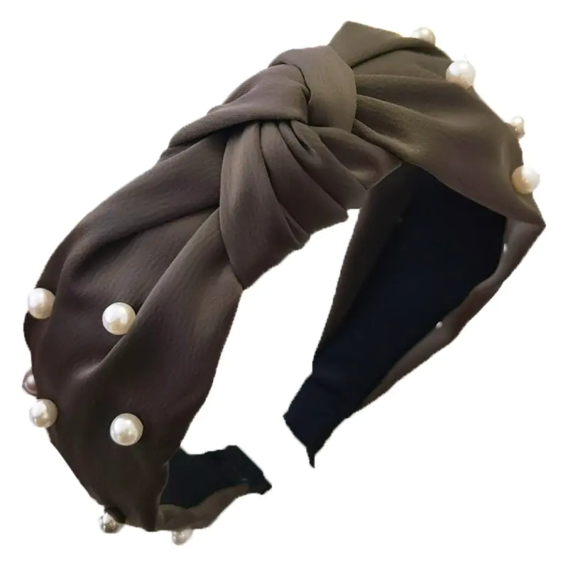 ⁨Opaska turban z materiału gruba perełki khaki O227BR⁩ w sklepie Wasserman.eu