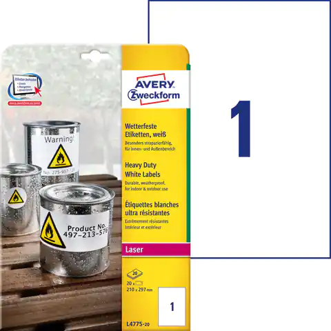 ⁨Heavy Duty Labels (20ark)210x297mm white polyester L4775-20 durable AVERY ZWECKFORM⁩ at Wasserman.eu