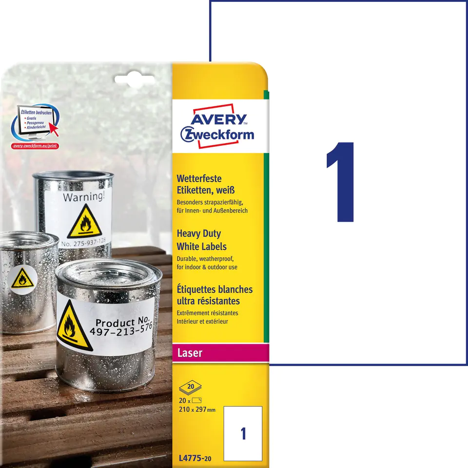 ⁨Etykiety Heavy Duty (20ark)210x297mm białe poliestrowe L4775-20 trwałe AVERY ZWECKFORM⁩ w sklepie Wasserman.eu