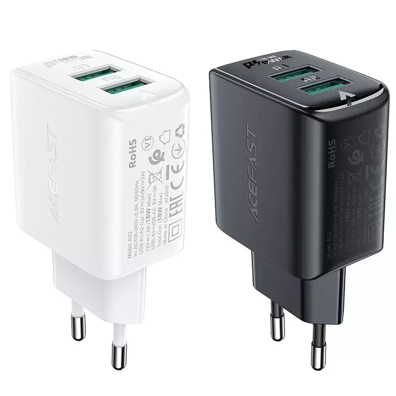 ⁨Acefast ładowarka sieciowa 2x USB 18W QC 3.0, AFC, FCP czarny (A33 black)⁩ w sklepie Wasserman.eu