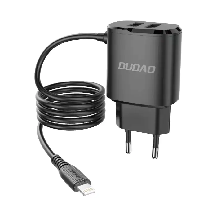⁨Dudao ładowarka sieciowa 2x USB z wbudowanym kablem Lightning 12 W czarny (A2ProL black)⁩ w sklepie Wasserman.eu