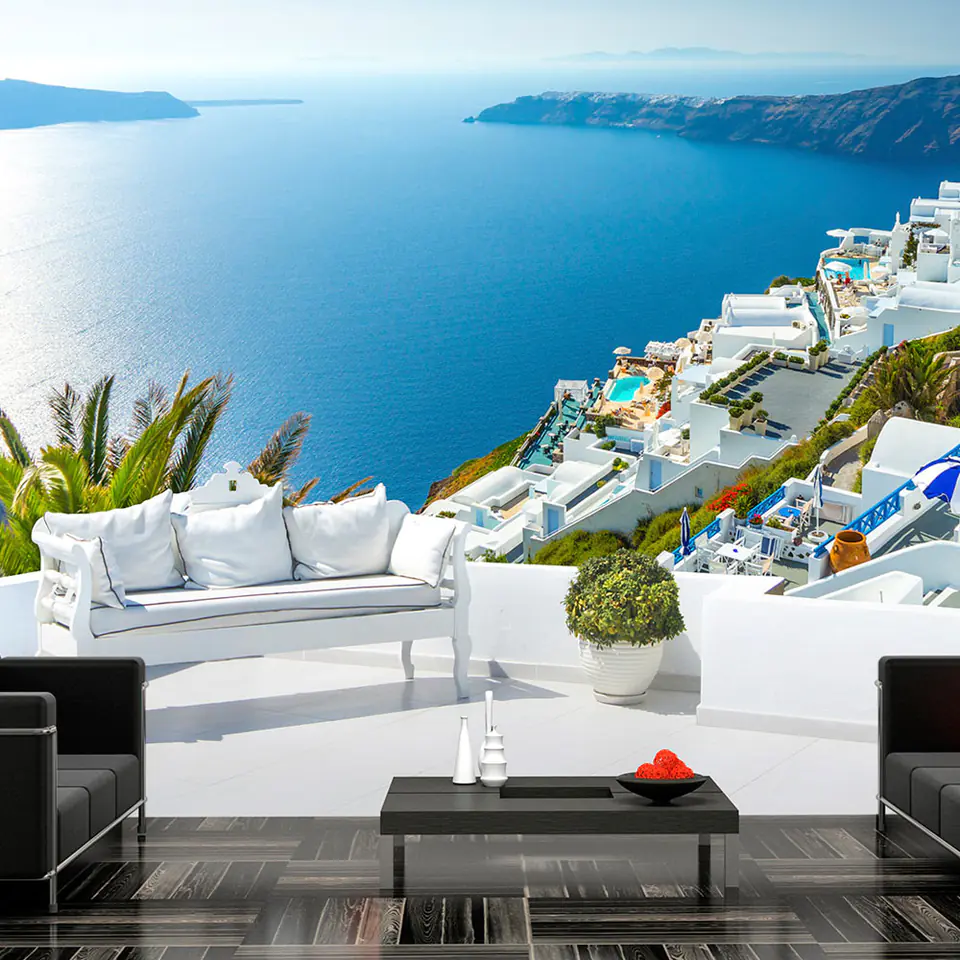 ⁨Fototapeta - Widok na Santorini (rozmiar 392x280, wykończenie Samoprzylepna)⁩ w sklepie Wasserman.eu