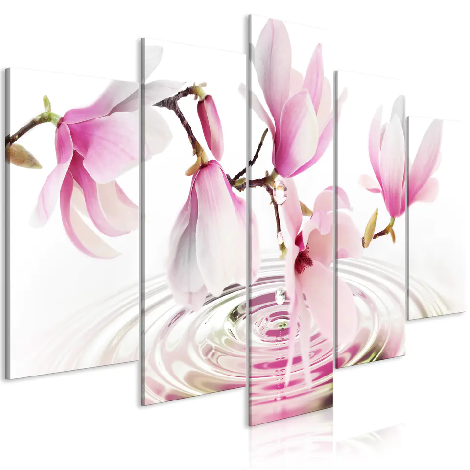 ⁨Obraz - Magnolie nad wodą (5-częściowy) szeroki różowy (rozmiar 200x100, wykończenie Premium Print)⁩ w sklepie Wasserman.eu
