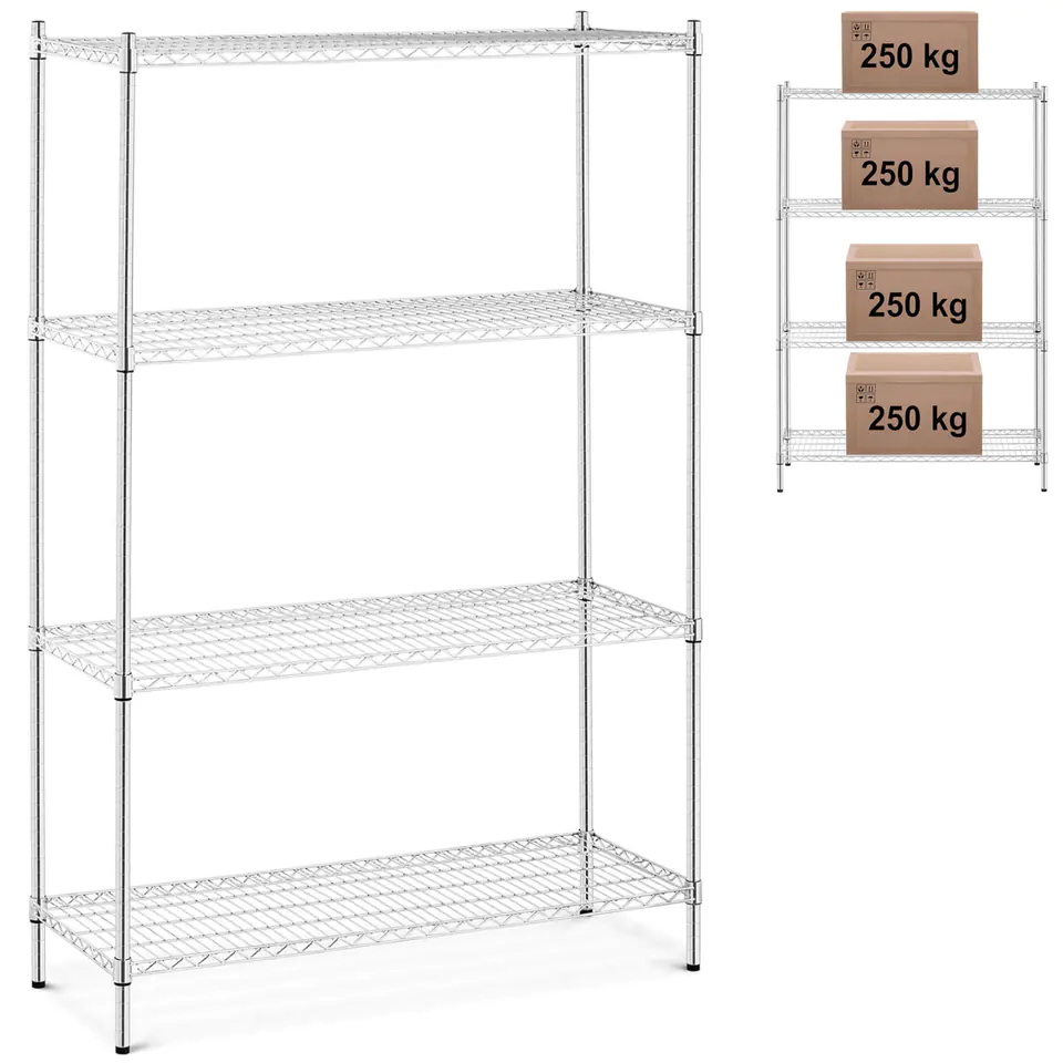 ⁨Chrome-plated workshop rack 4 openwork shelves up to 1 t 1000 kg 120x45x180 cm⁩ at Wasserman.eu