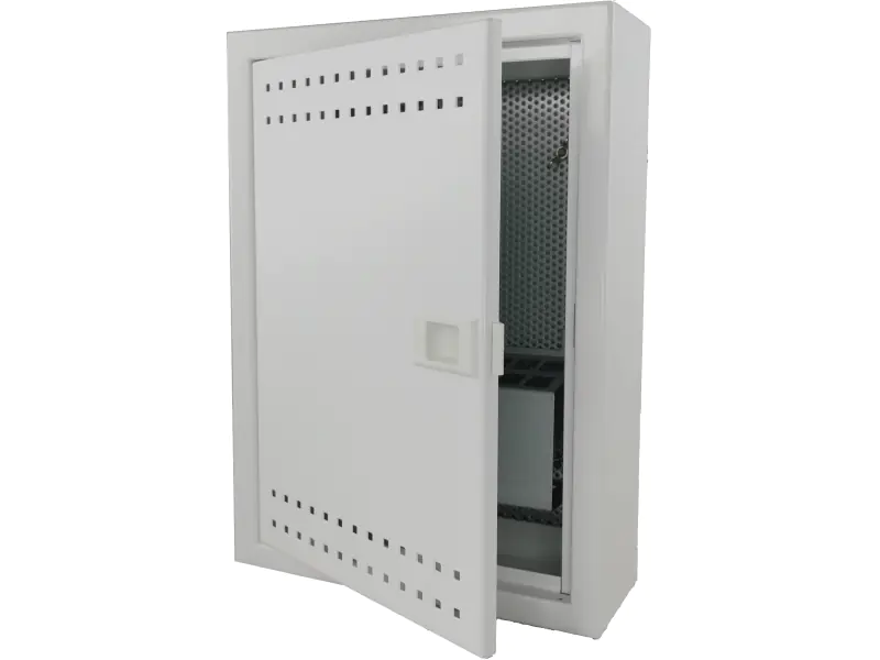 ⁨Szafka mieszkaniowa, teletechniczna, FTTH 350x250x90, natynkowa, drzwi perforowane, 1 x gn. elektryczne, 14 x gn. keystone ALANTEC⁩ w sklepie Wasserman.eu