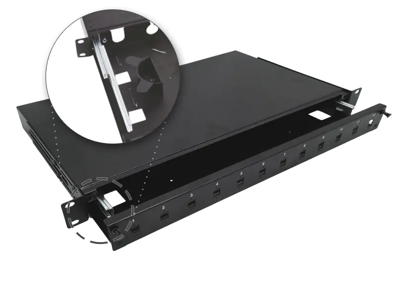 ⁨Telescopic fiber optic distribution box 12xSC simplex / 12xLC duplex 19" 1U with mounting accessories (chokes, bands) ALANTEC - ALANTEC⁩ at Wasserman.eu