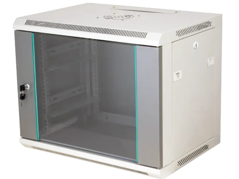 Szafka rack wisząca 19" 12U 600x450, niedzielona, drzwi szklane jednoskrzydłowe, tył osłona pełna, osłony boczne zamykane na klucz, kolor szary Q-LANTEC - Q-LANTEC w sklepie Wasserman.eu