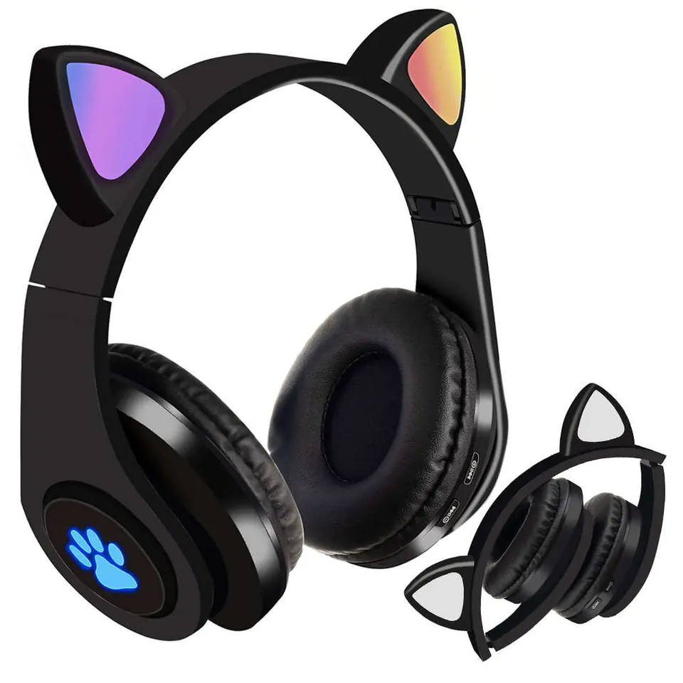 ⁨Wireless RGB Bluetooth 5.0 On-ear LED Headphones for Kids With Cat Ears Black⁩ at Wasserman.eu