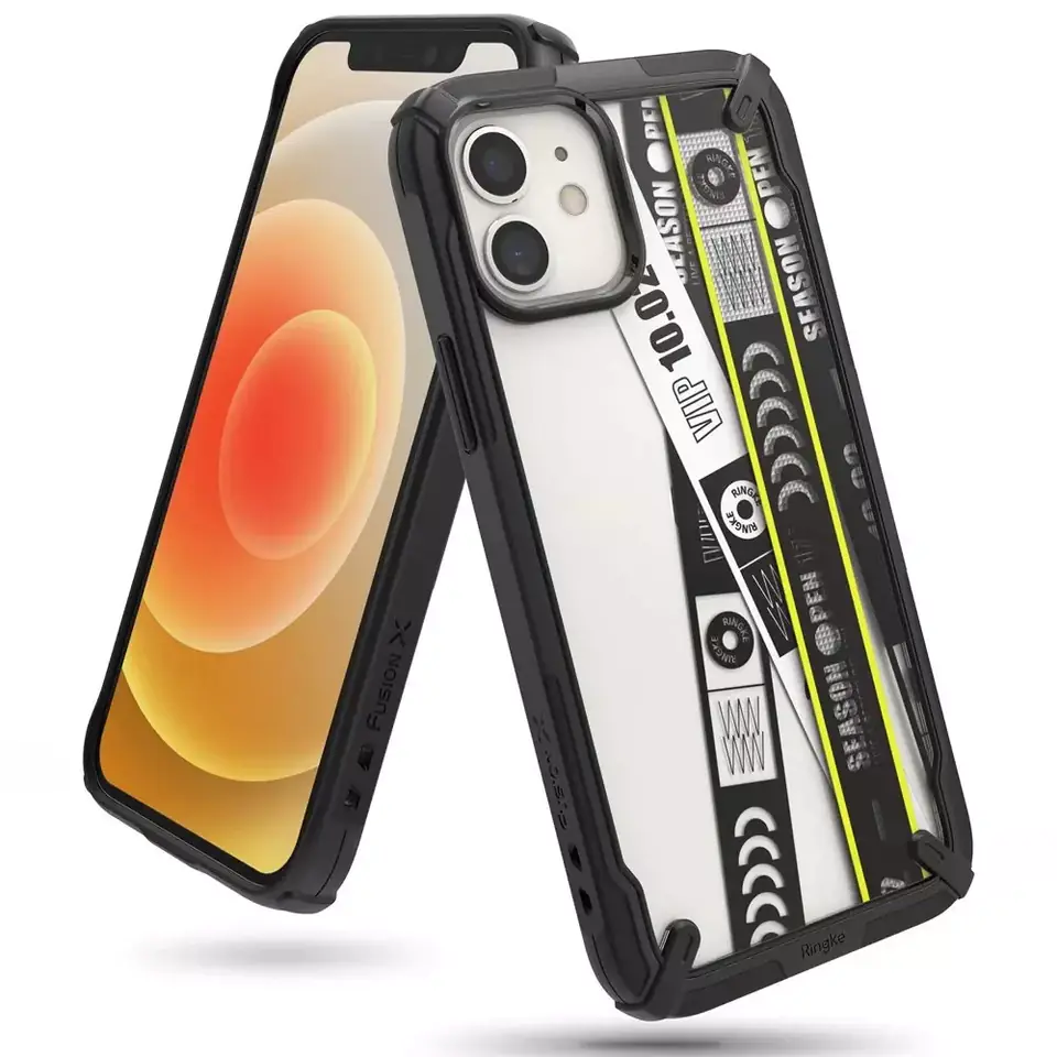 ⁨Ringke Fusion X Design etui pancerny pokrowiec z ramką iPhone 12 mini czarny (Ticket band) (XDAP0018)⁩ w sklepie Wasserman.eu