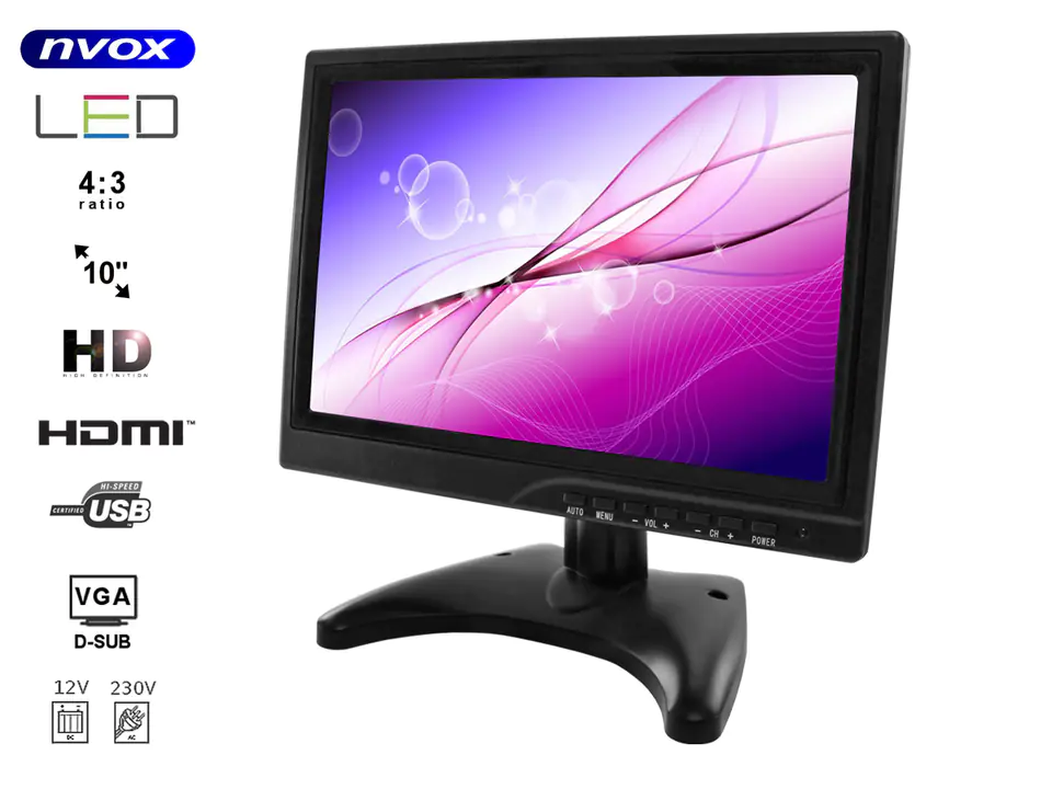 ⁨LED MONITOR HD 10inch HDMI VGA USB AV BNC 12V 230V... (NVOX PC1018 HD)⁩ at Wasserman.eu