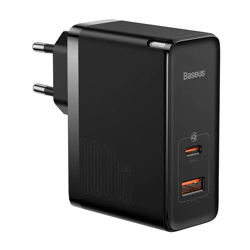 ⁨Baseus GaN5 Pro Wall Charger, USB-C + USB, 100W + cable (black)⁩ at Wasserman.eu